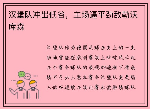 汉堡队冲出低谷，主场逼平劲敌勒沃库森